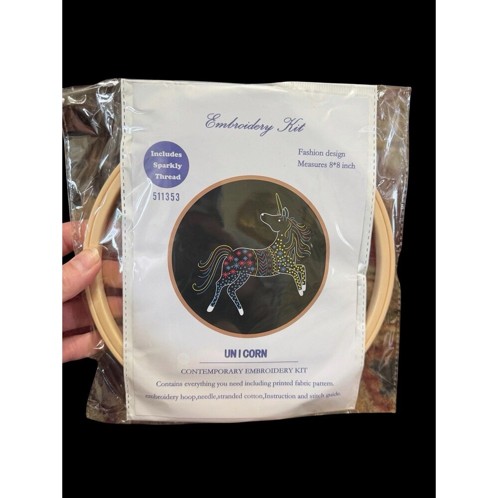New Black Unicorn Embroidery Kit Hoop Floss Sparkly Thread Fabric